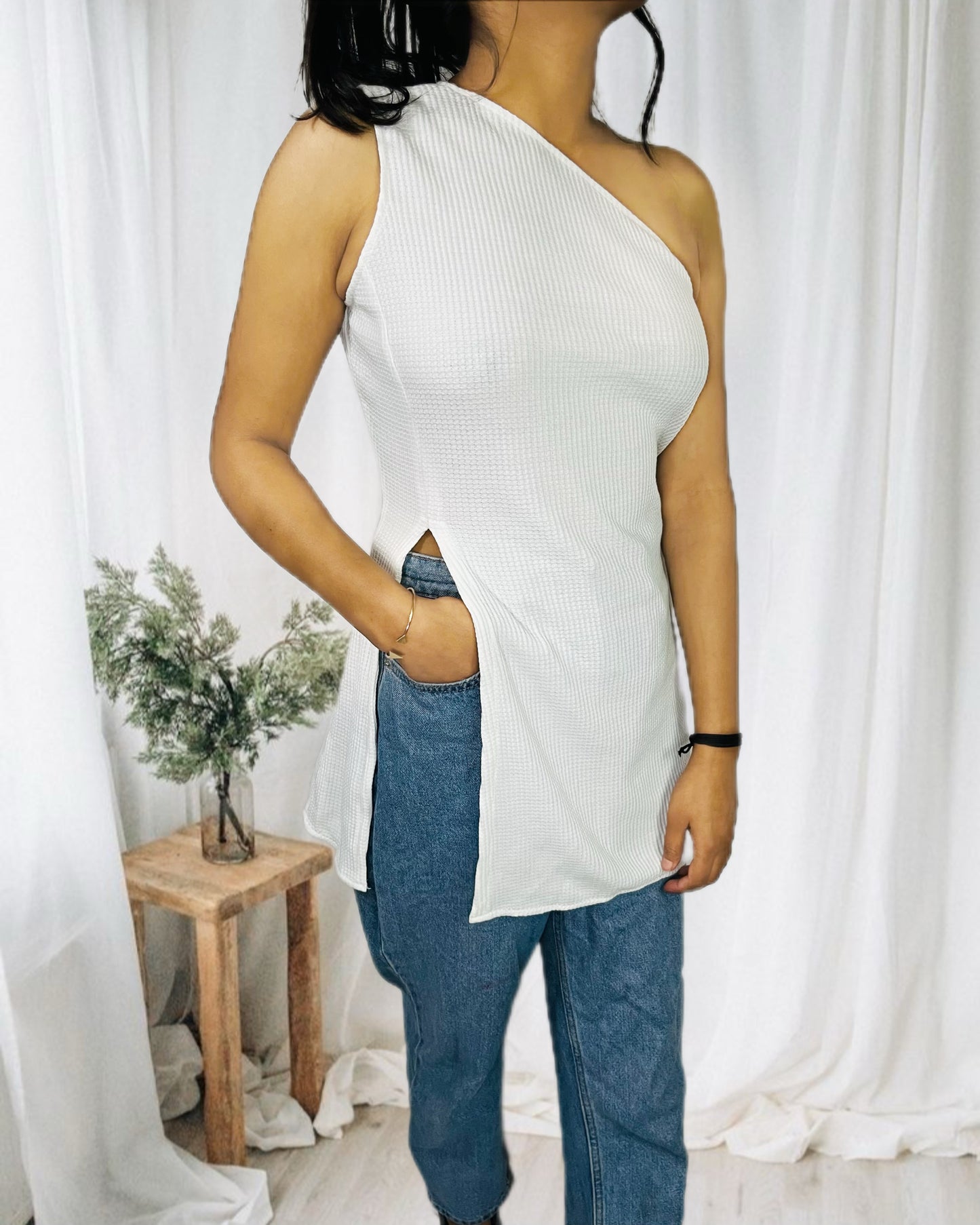 Cream knit ribbed one shoulder top